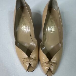 Vintage 90's Neiman Marcus Nude Leather Peep Toe Heels Bow | Size 5 B